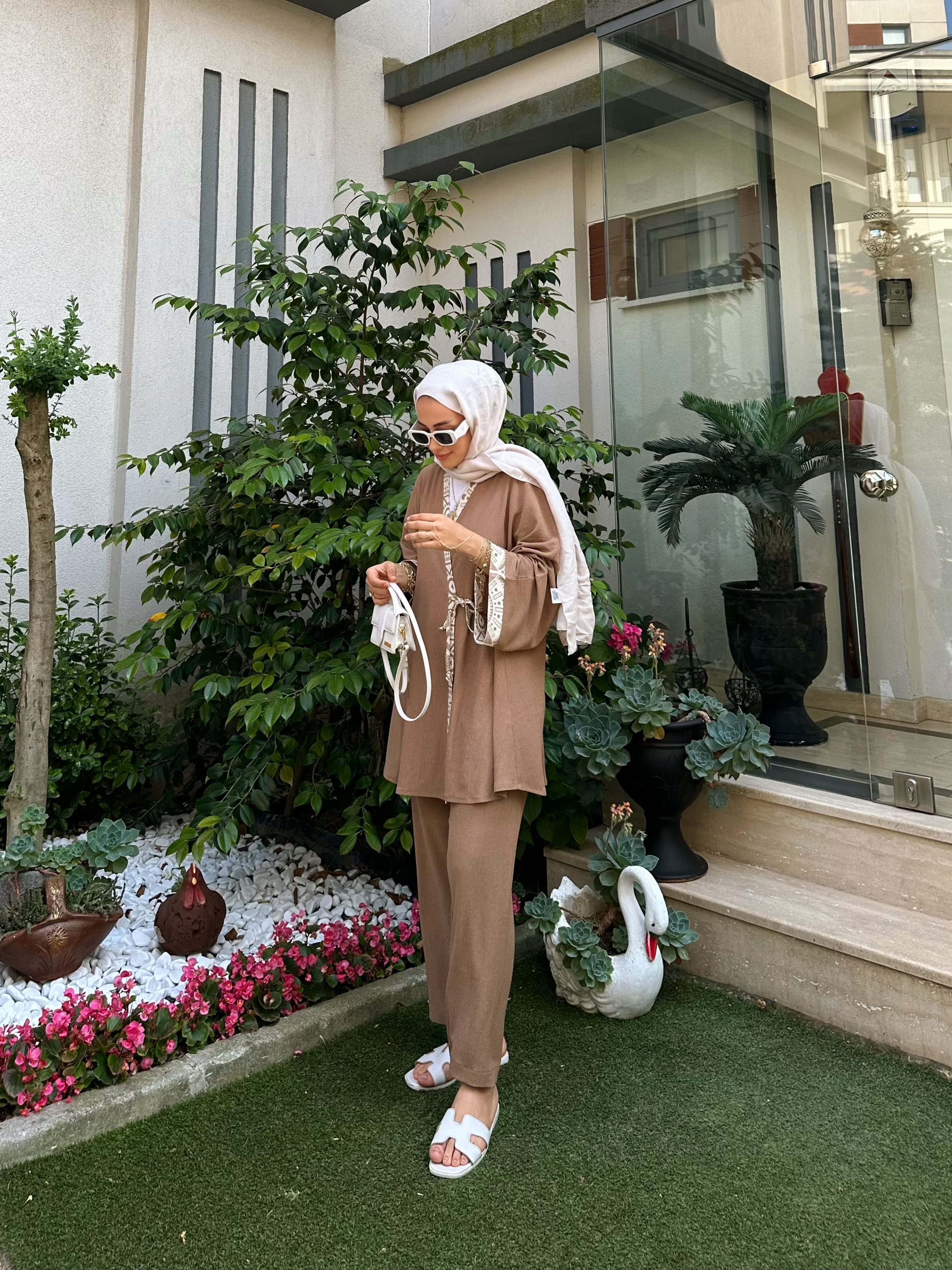 Bağlamalı Pantolonlu Kimono Takım - Toprak