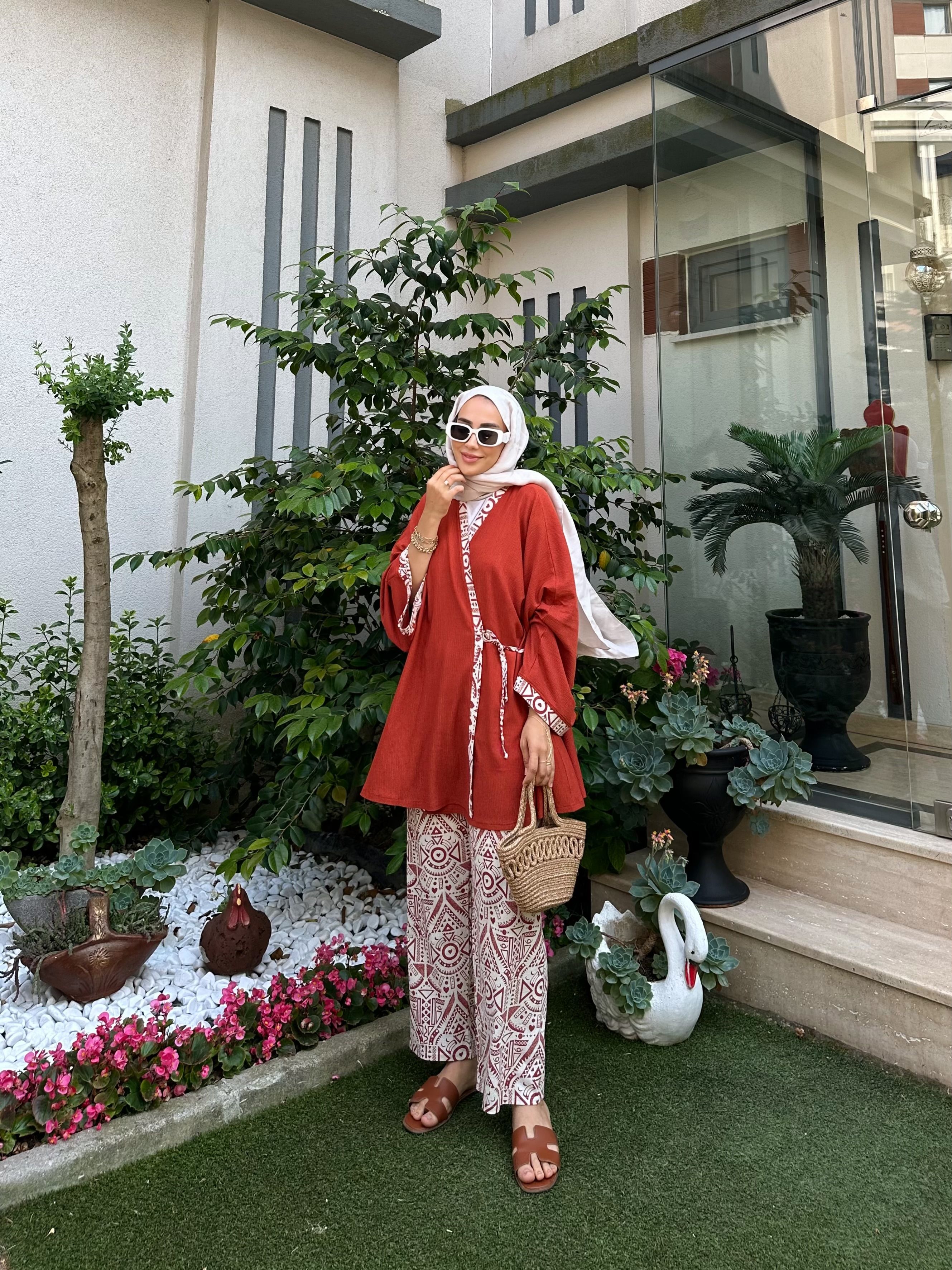 Bağlamalı Şile Bezi Pantolonlu Kimono Takım - Kiremit