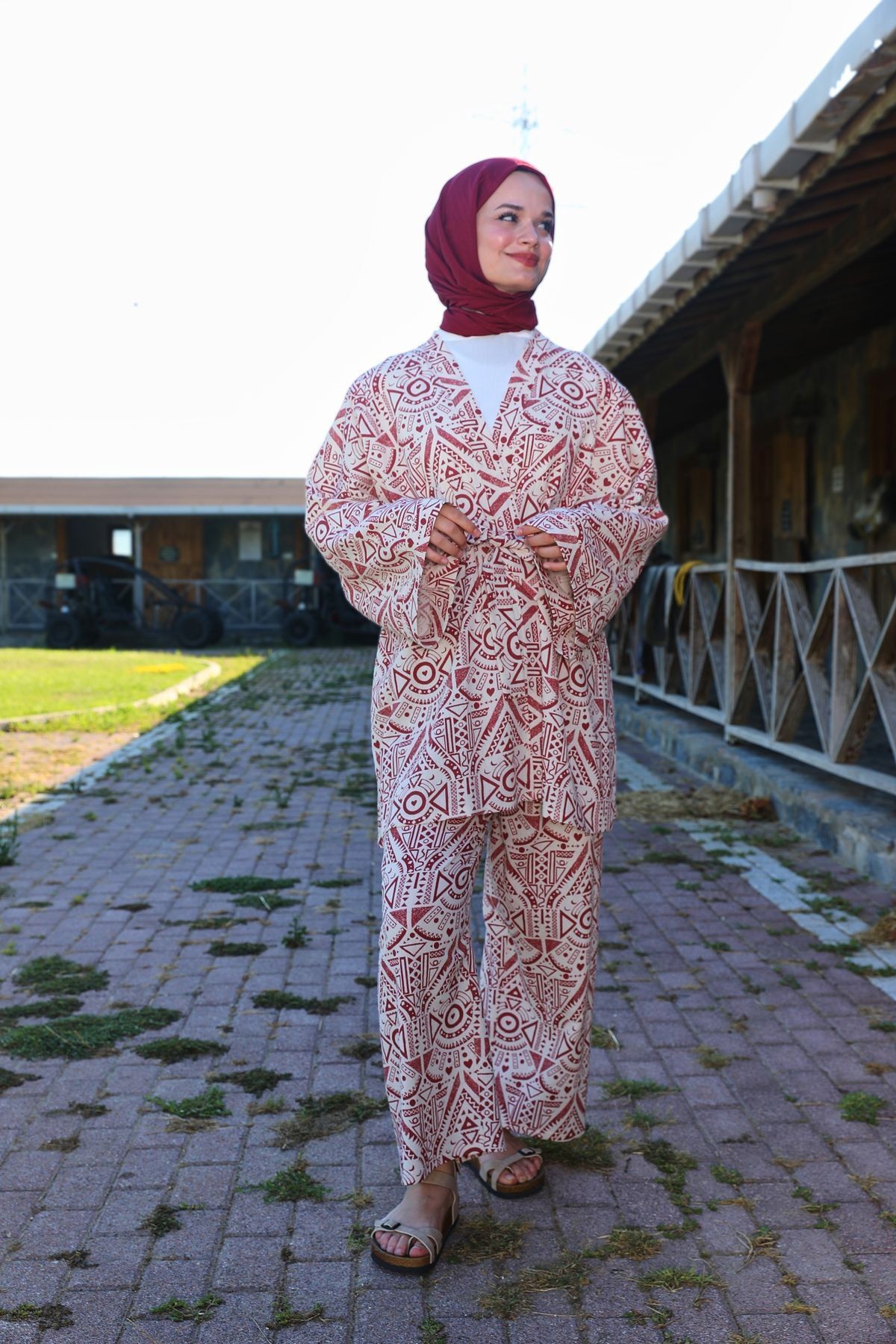 Etnik Desenli Şile Bezi Kimono Pantolon Takım - kiremit