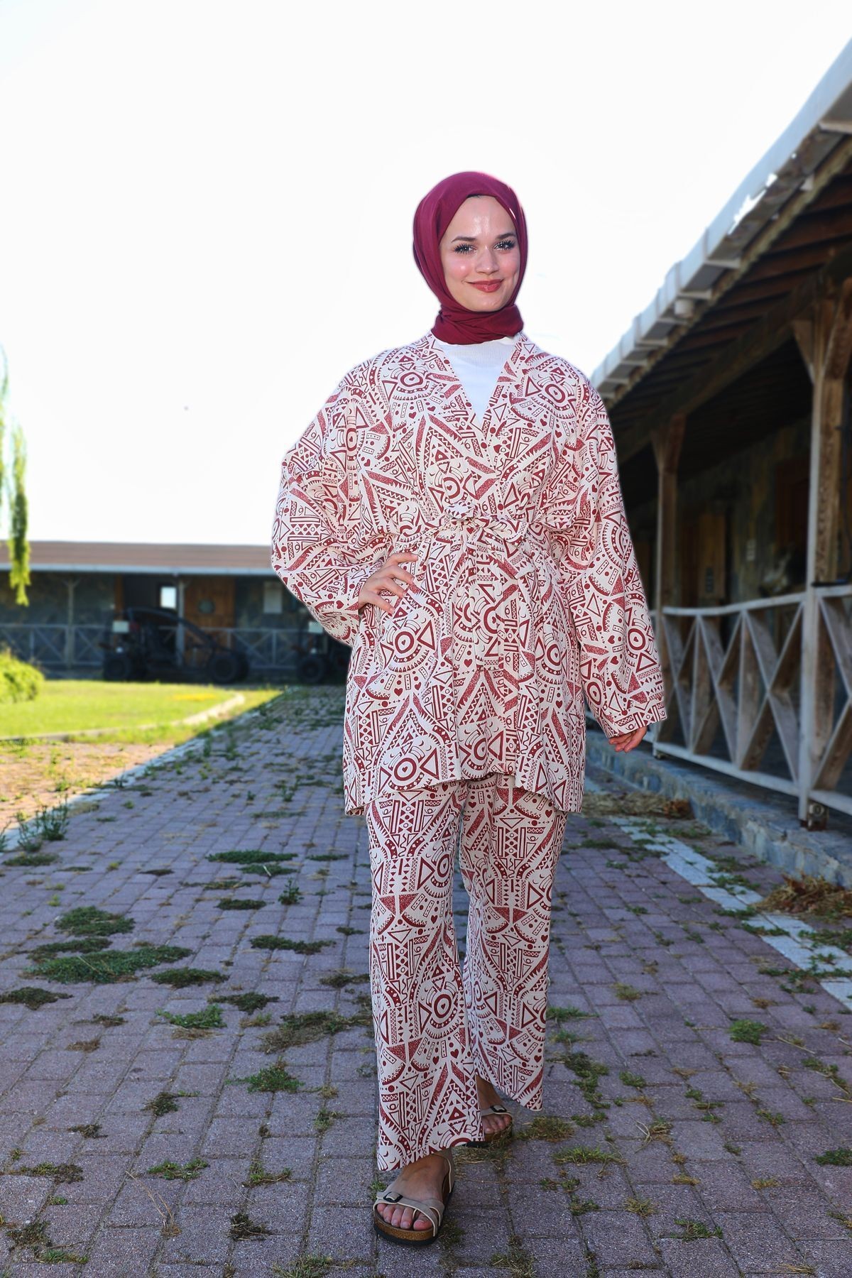 Etnik Desenli Şile Bezi Kimono Pantolon Takım - kiremit