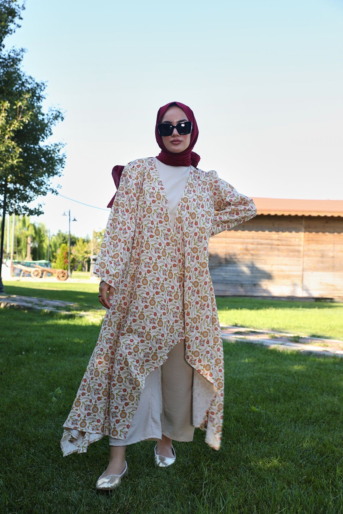 Etnik Desenli Şile Bezi Kimono - kavuniçi