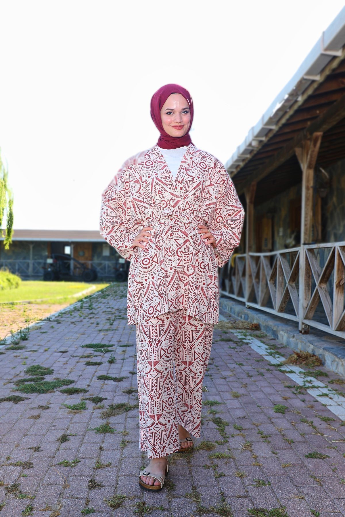 Etnik Desenli Şile Bezi Kimono Pantolon Takım - kiremit