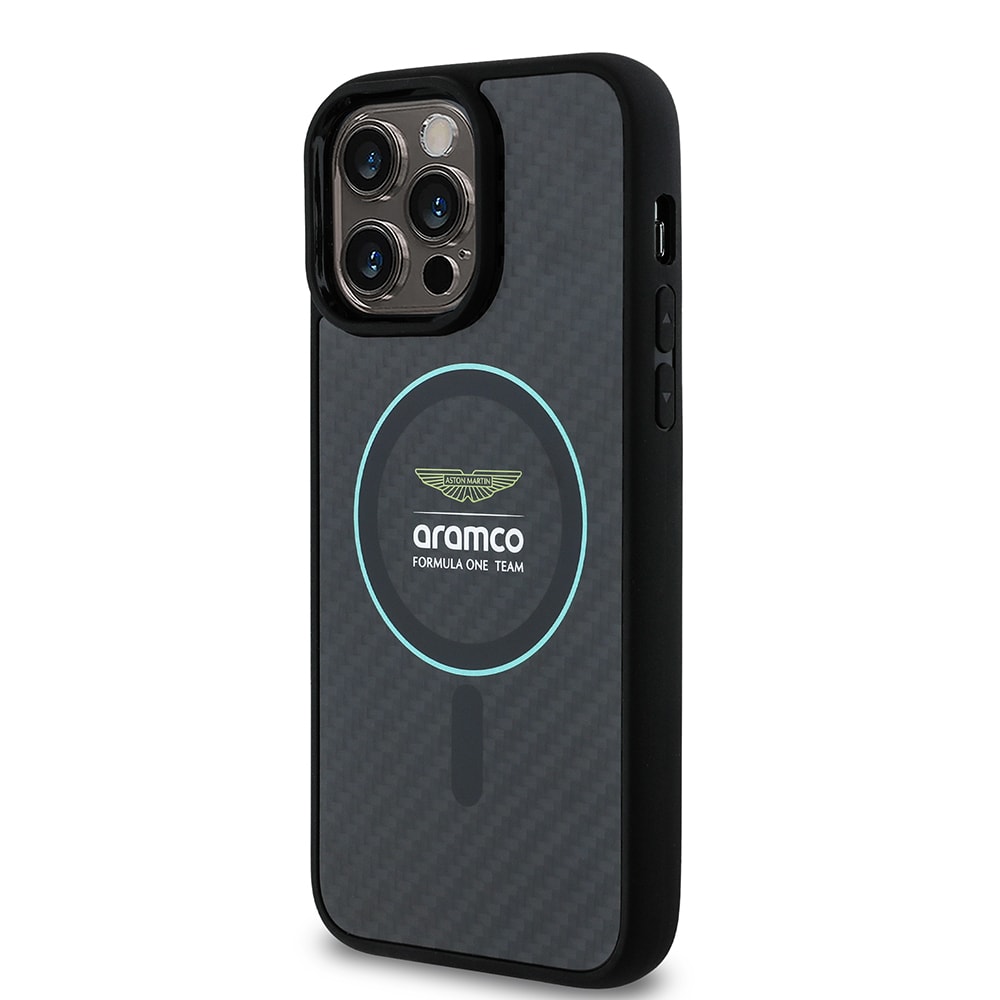 Apple iPhone 14 Pro Max Kılıf Aston Martin Orjinal Lisanslı M-safe Şarj Özellikli Renkli Halka ve Karbon Fiber Tasarımlı Kapak
