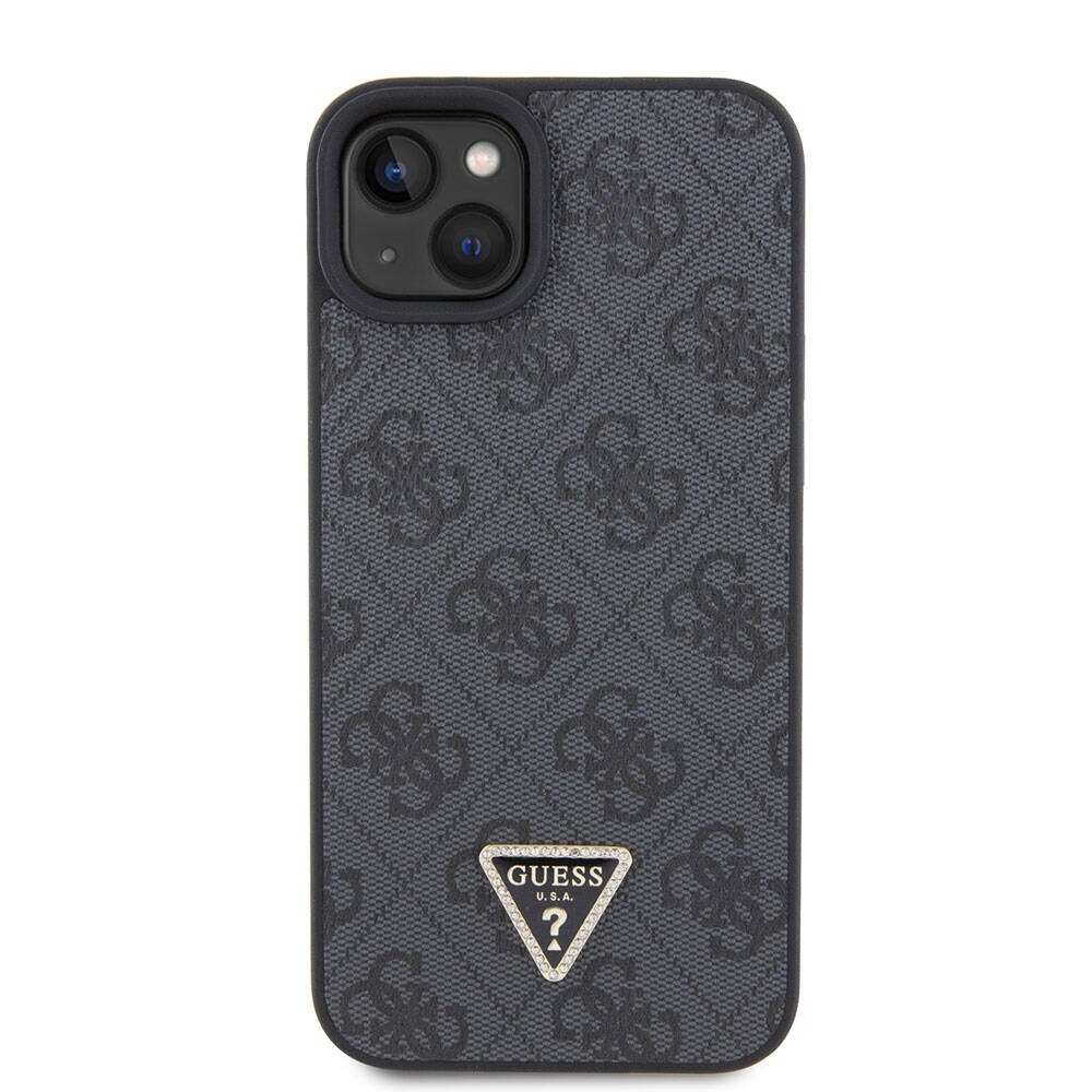 iPhone 15 Kılıf Guess Orjinal Lisanslı PU Deri Taşlı Üçgen Logo 4G Desenli Strass Kılıf