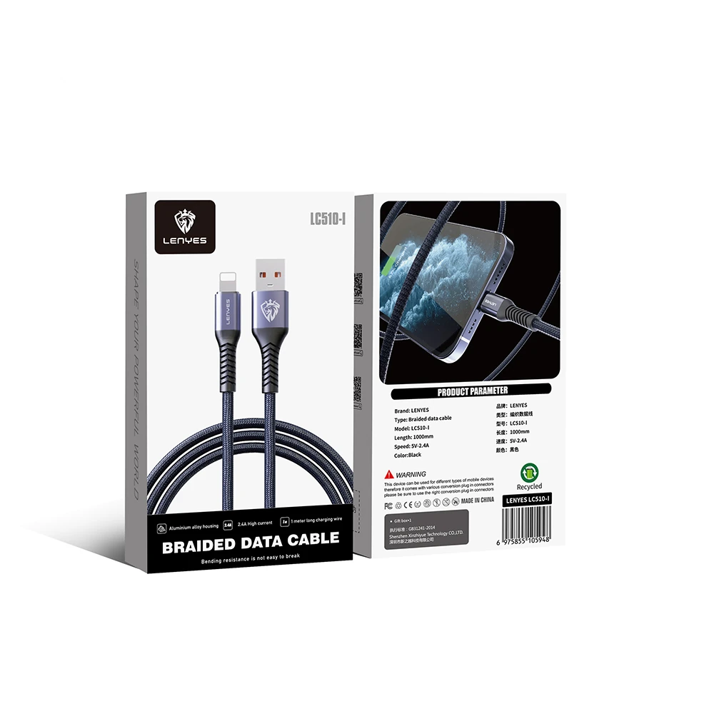 Lenyes LC510 USB-A to Lightning 2.4A Örgü Tasarımlı Hızlı Şarj Özellikli Data ve Şarj Kablosu 1M