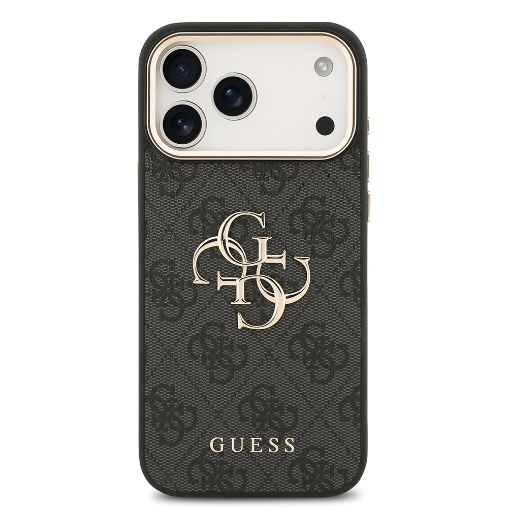 Apple iPhone 17 Pro Max Kılıf Guess Orjinal Lisanslı Gold Metal Kamera Çerçeveli 4G Desenli Metal Büyük 4G ve Yazı Logolu Kapak