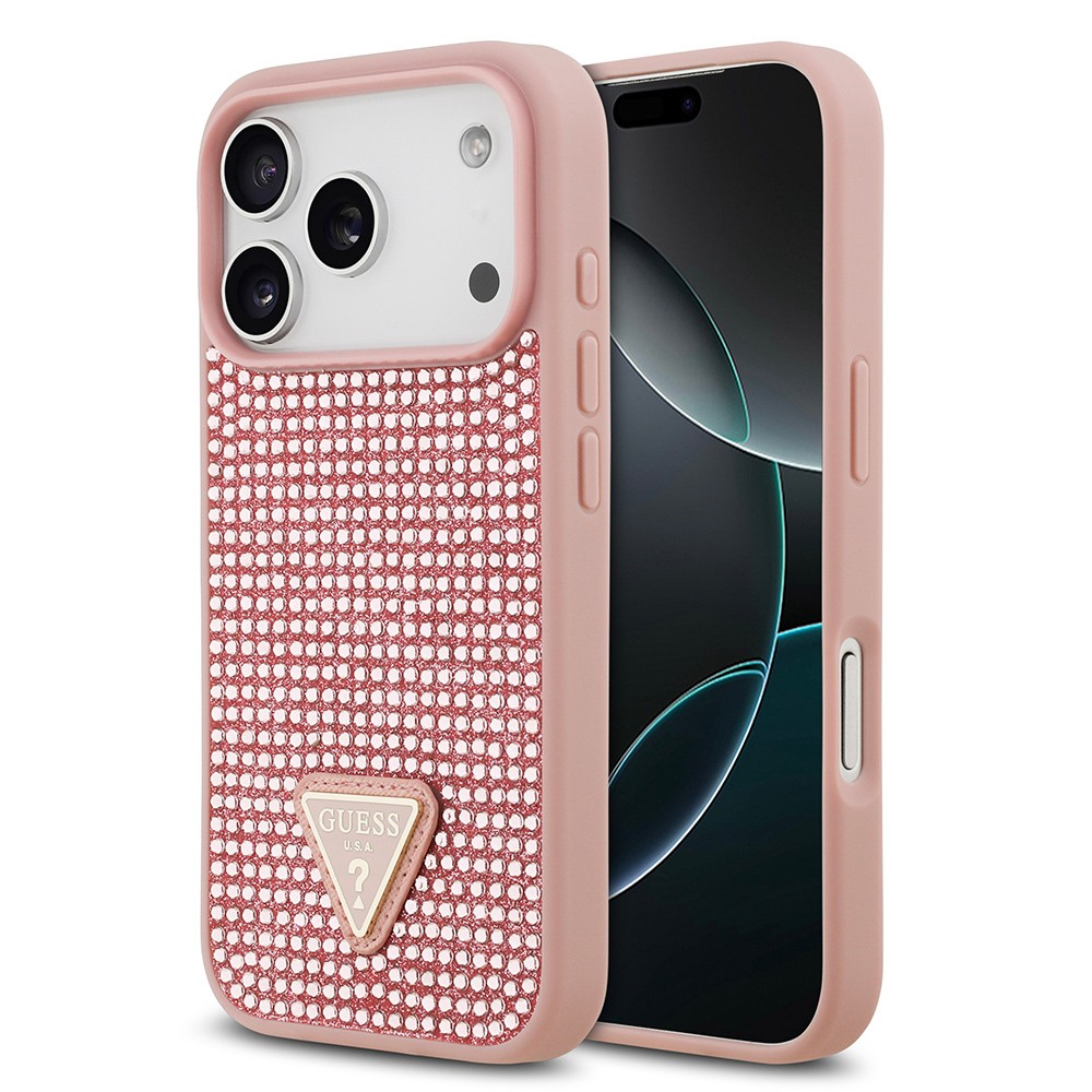 Apple iPhone 17 Pro Kılıf Guess Orjinal Lisanslı Taşlı Arka Yüzey Üçgen Logolu Kapak
