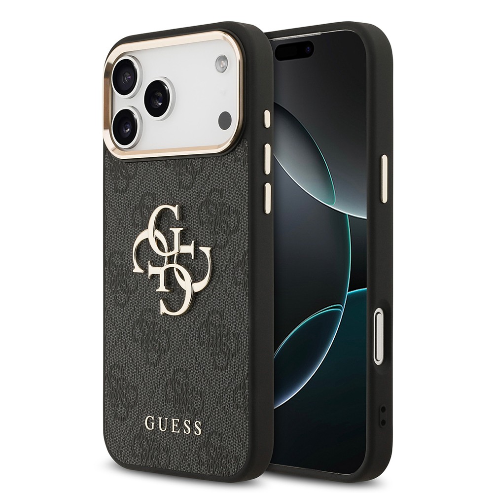 Apple iPhone 17 Pro Max Kılıf Guess Orjinal Lisanslı Gold Metal Kamera Çerçeveli 4G Desenli Metal Büyük 4G ve Yazı Logolu Kapak