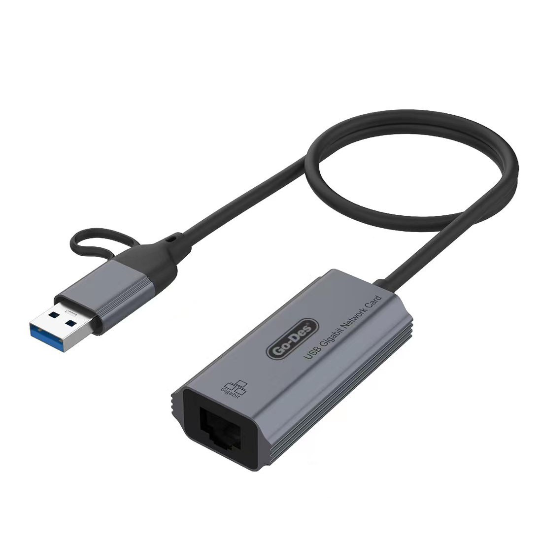 Go Des GD-6836 RJ45 to Type-C ve USB-A Gigabit Ethernet Dönüştürücü Kablo 1000Mbps 50cm