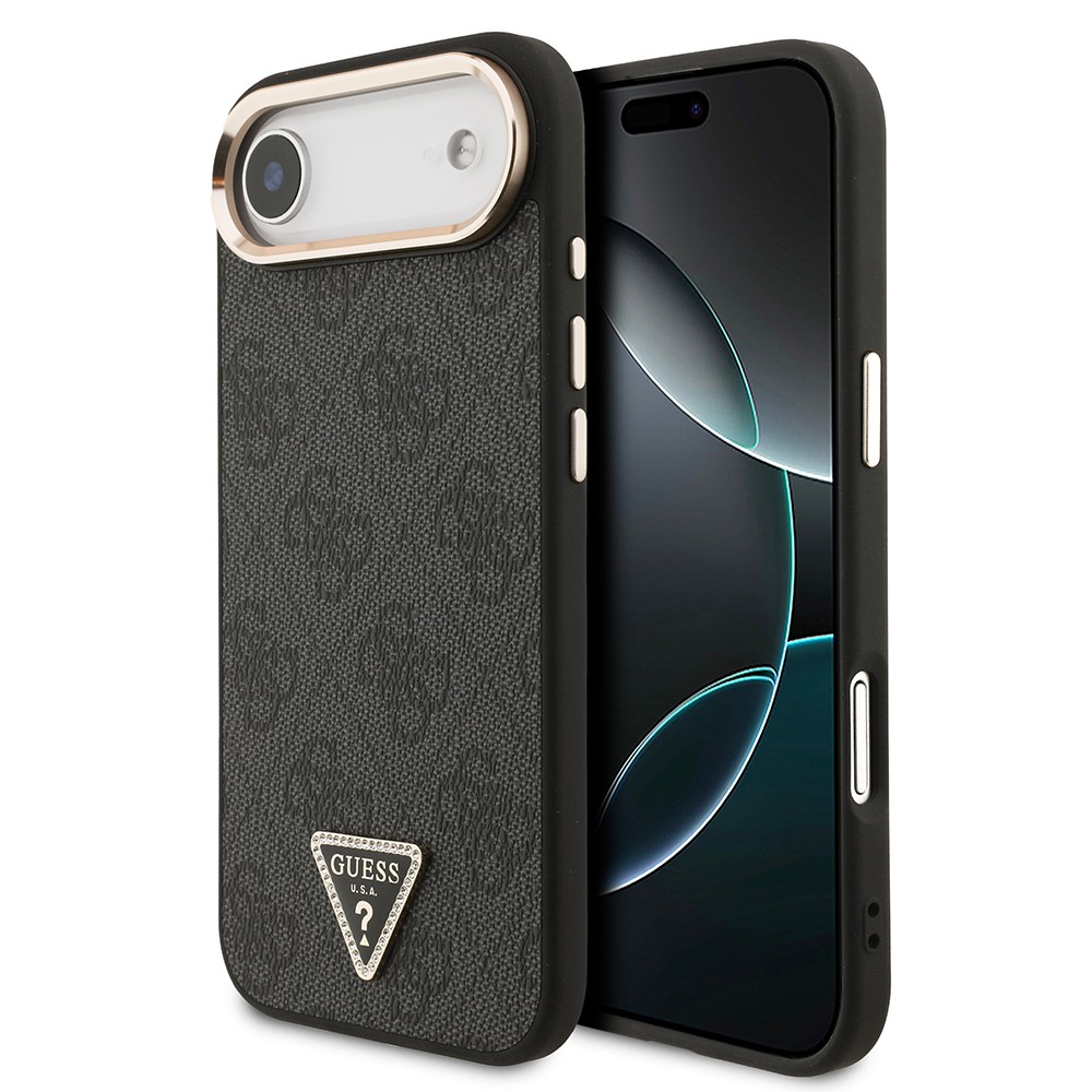 Apple iPhone 17 Air Kılıf Guess Orjinal Lisanslı M-safe Şarj Özellikli Gold Metal Kamera Çerçeveli Taşlı Üçgen Logo 4G Desenli Kapak