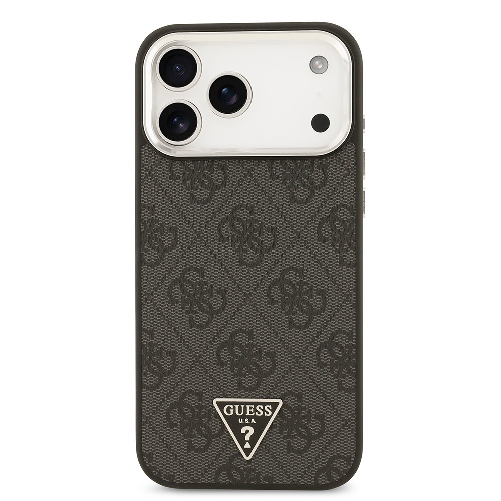 Apple iPhone 17 Pro Max Kılıf Guess Orjinal Lisanslı M-safe Şarj Özellikli Gold Metal Kamera Çerçeveli Taşlı Üçgen Logo 4G Desenli Kapak
