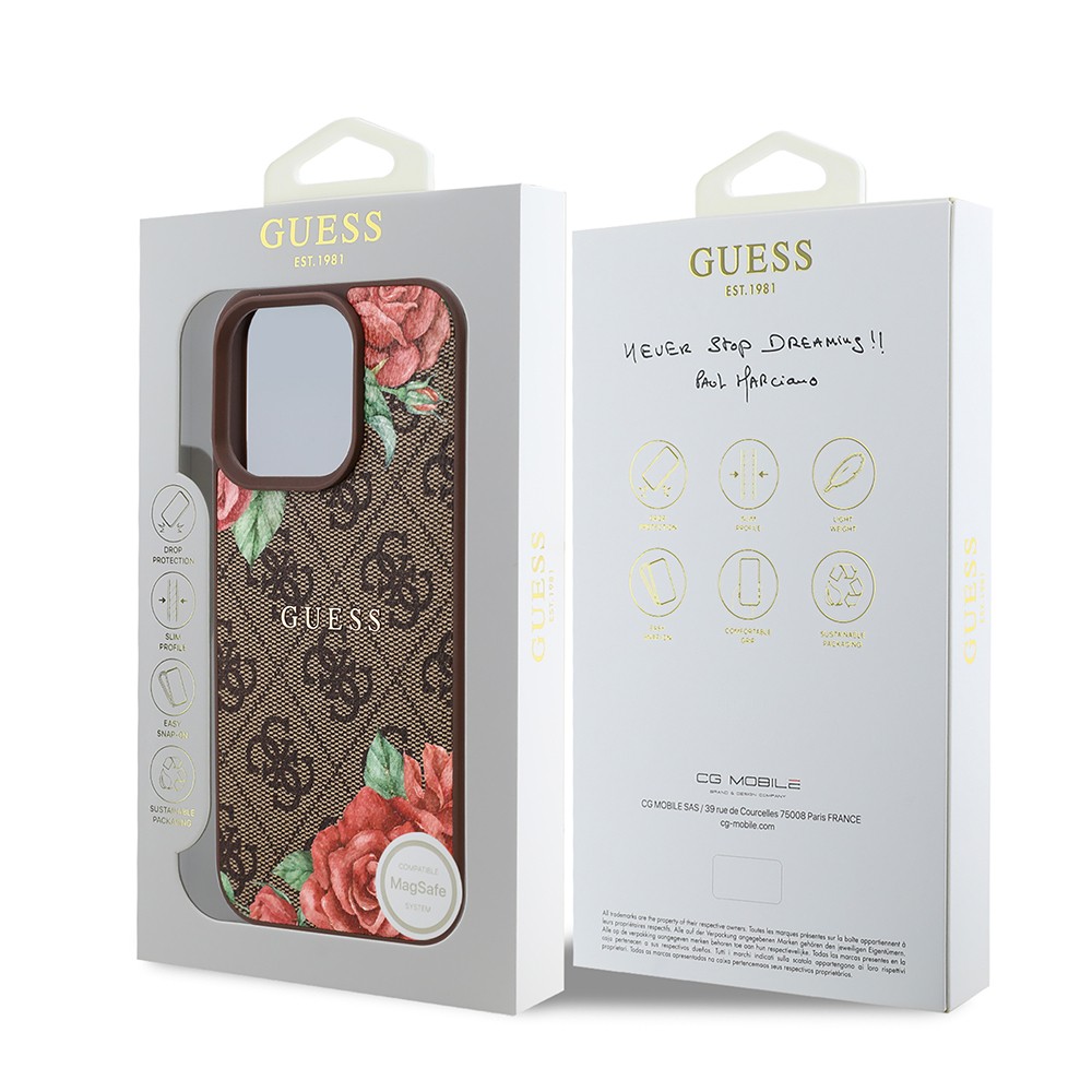 iPhone 16 Pro Kılıf Guess Orjinal Lisanslı Magsafe Şarj Özellikli Gül Baskılı 4G Desenli Yazı Logolu Kılıf