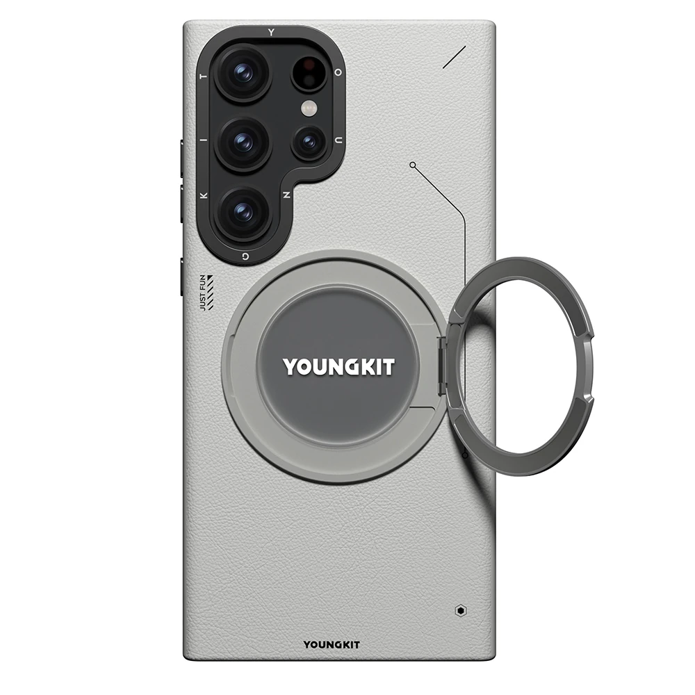 Galaxy S23 Ultra Kılıf Magsafe Şarj Özellikli 360° Standlı Basit Mat Deri Desenli Youngkit Tech Leather Serisi Kapak