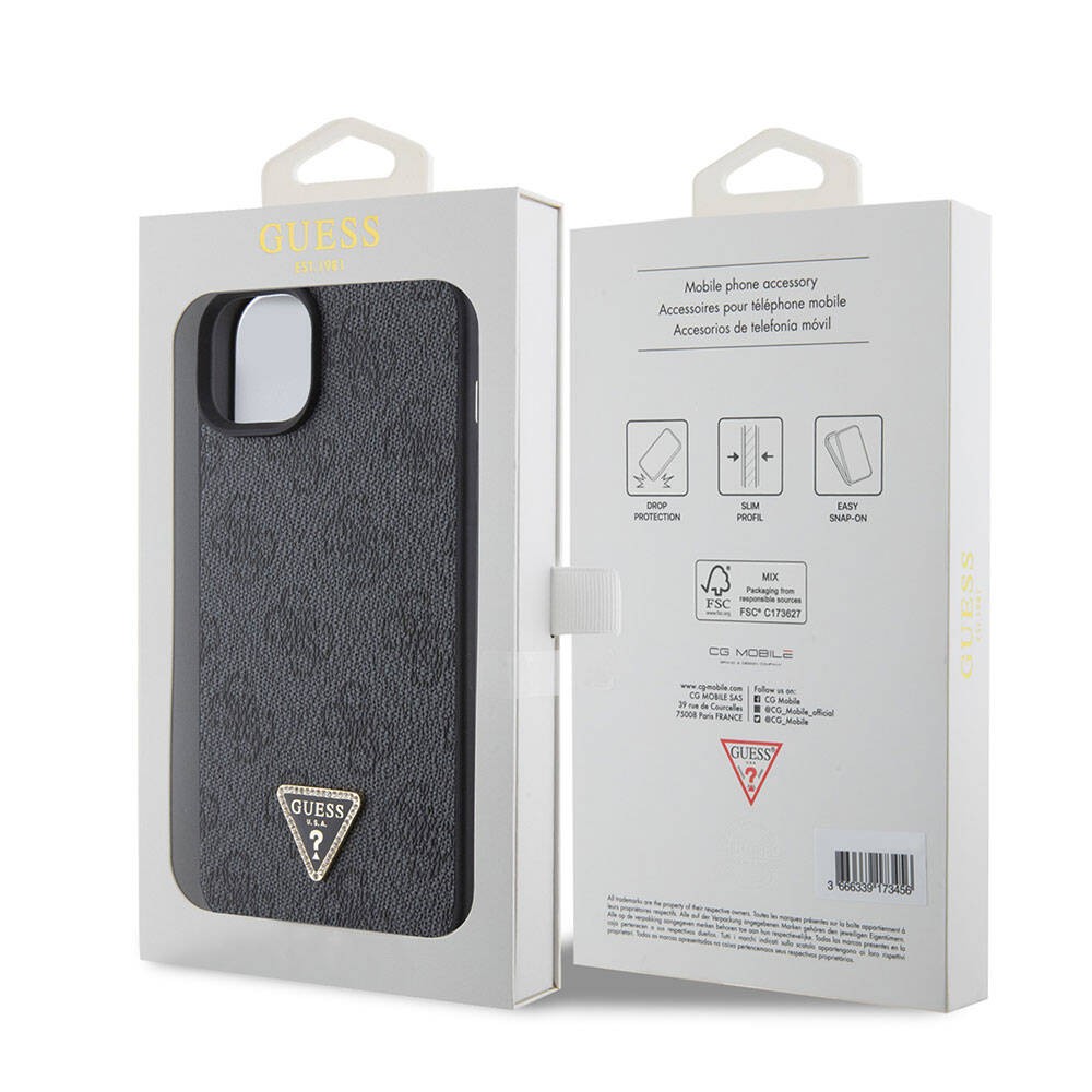 iPhone 15 Kılıf Guess Orjinal Lisanslı PU Deri Taşlı Üçgen Logo 4G Desenli Strass Kılıf