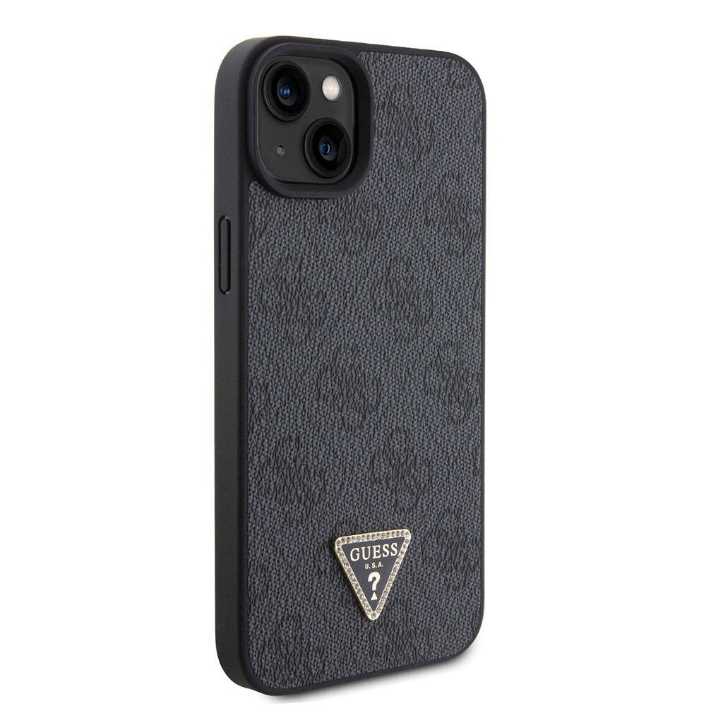 iPhone 15 Kılıf Guess Orjinal Lisanslı PU Deri Taşlı Üçgen Logo 4G Desenli Strass Kılıf