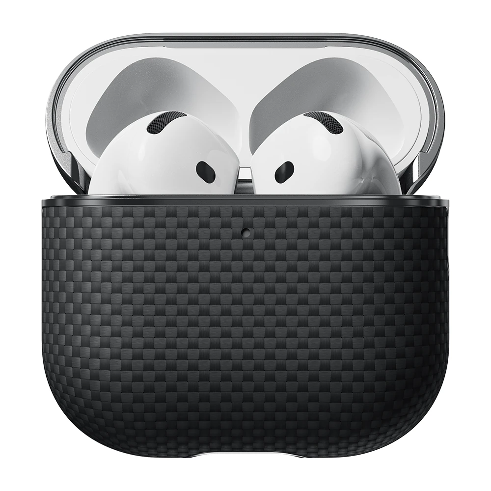Apple Airpods 4 Kılıf 1500D Aramid Fiber Pitaka Ultra-Slim Classic Serisi Black-Grey Twill Kapak