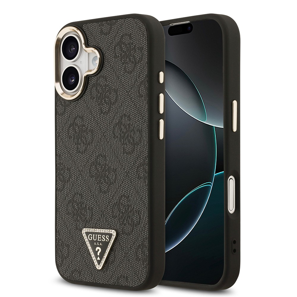 Apple iPhone 17 Kılıf Guess Orjinal Lisanslı M-safe Şarj Özellikli Gold Metal Kamera Çerçeveli Taşlı Üçgen Logo 4G Desenli Kapak