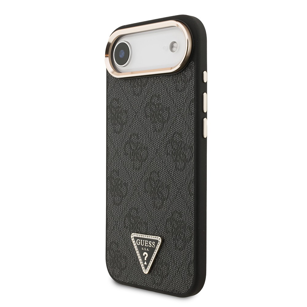 Apple iPhone 17 Air Kılıf Guess Orjinal Lisanslı M-safe Şarj Özellikli Gold Metal Kamera Çerçeveli Taşlı Üçgen Logo 4G Desenli Kapak