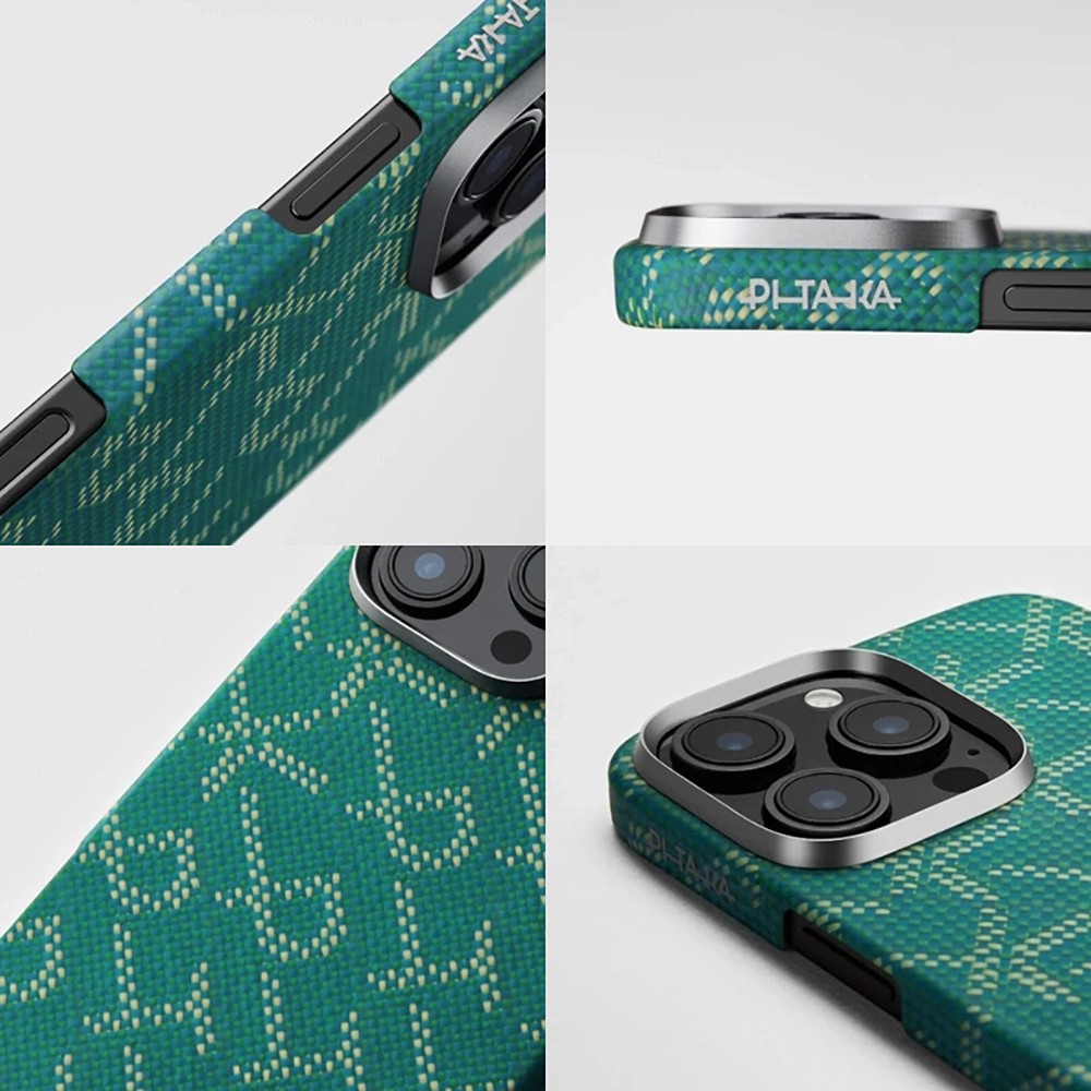 iPhone 16 Pro Kılıf MagSafe Şarj Özellikli Aramid Fiber Pitaka Tactile Woven Monogram Serisi Kılıf