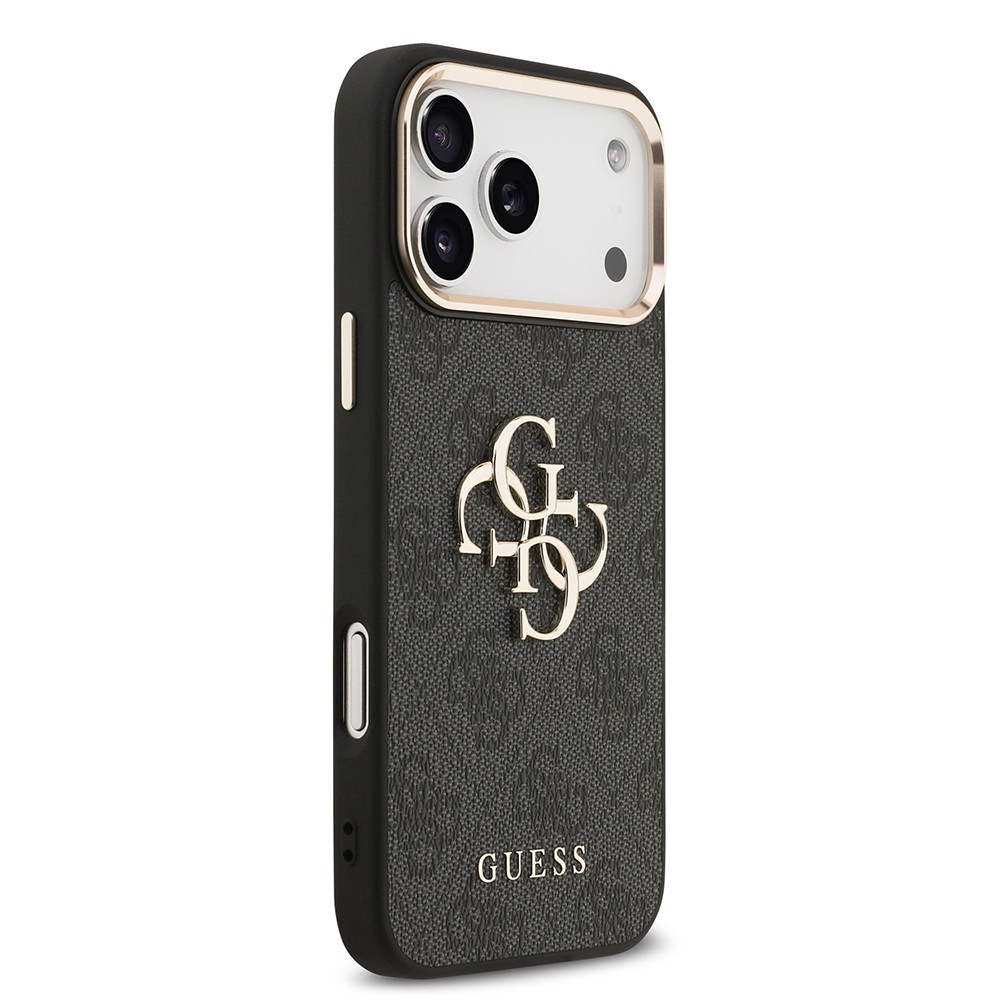 Apple iPhone 17 Pro Max Kılıf Guess Orjinal Lisanslı Gold Metal Kamera Çerçeveli 4G Desenli Metal Büyük 4G ve Yazı Logolu Kapak