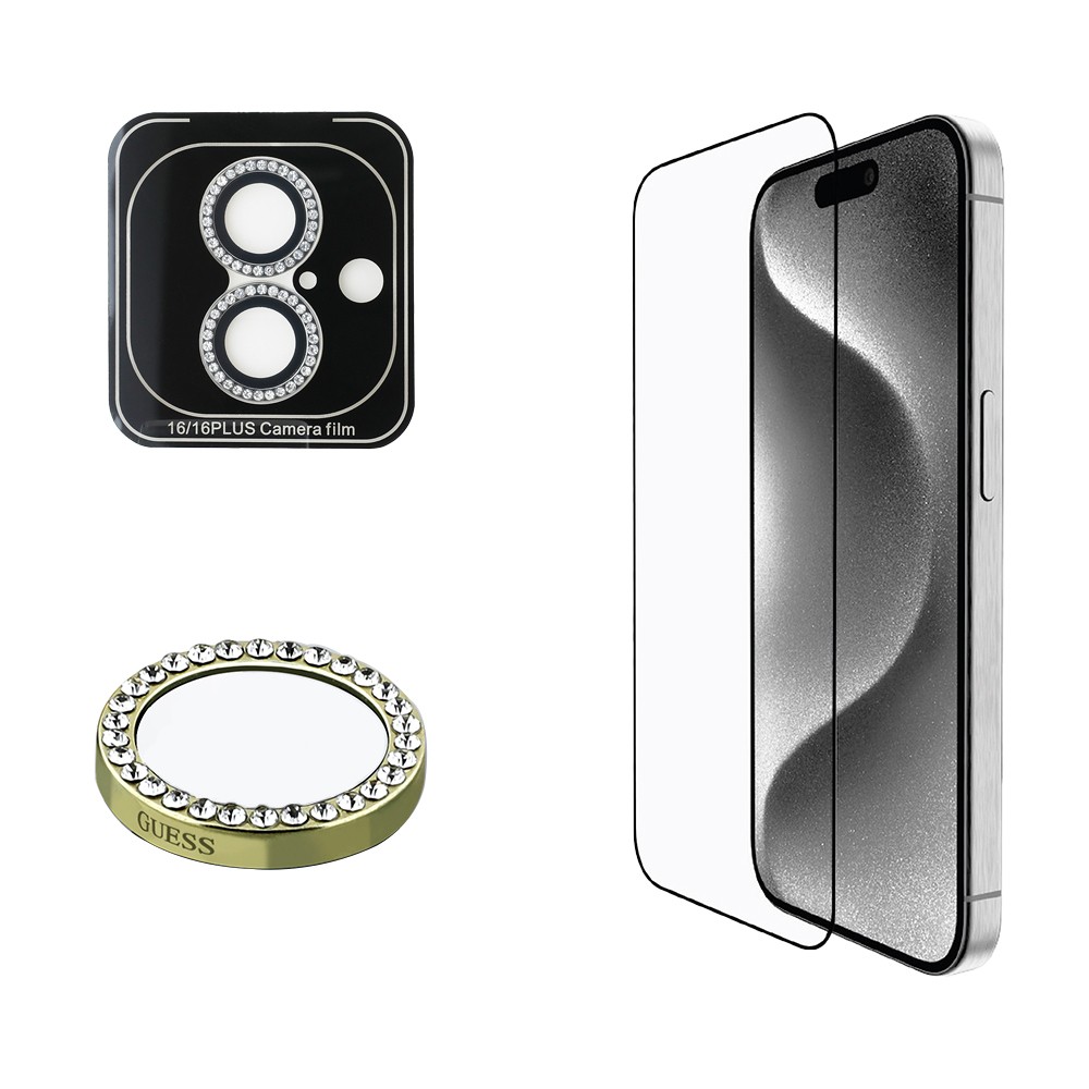 iPhone 16 Guess Orjinal Lisanslı Rhinestone Ekran Koruyucu + Lens Koruyucu 2in1 Aksesuar Seti