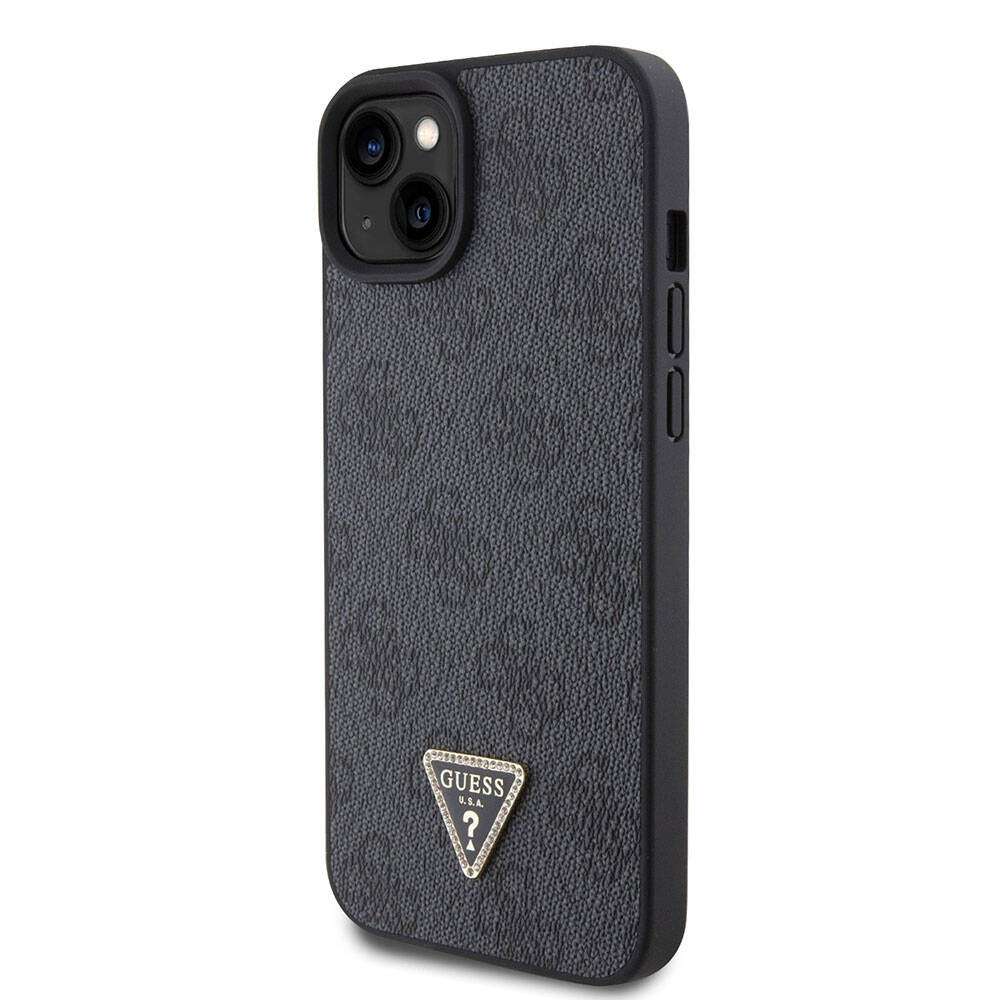 iPhone 15 Kılıf Guess Orjinal Lisanslı PU Deri Taşlı Üçgen Logo 4G Desenli Strass Kılıf