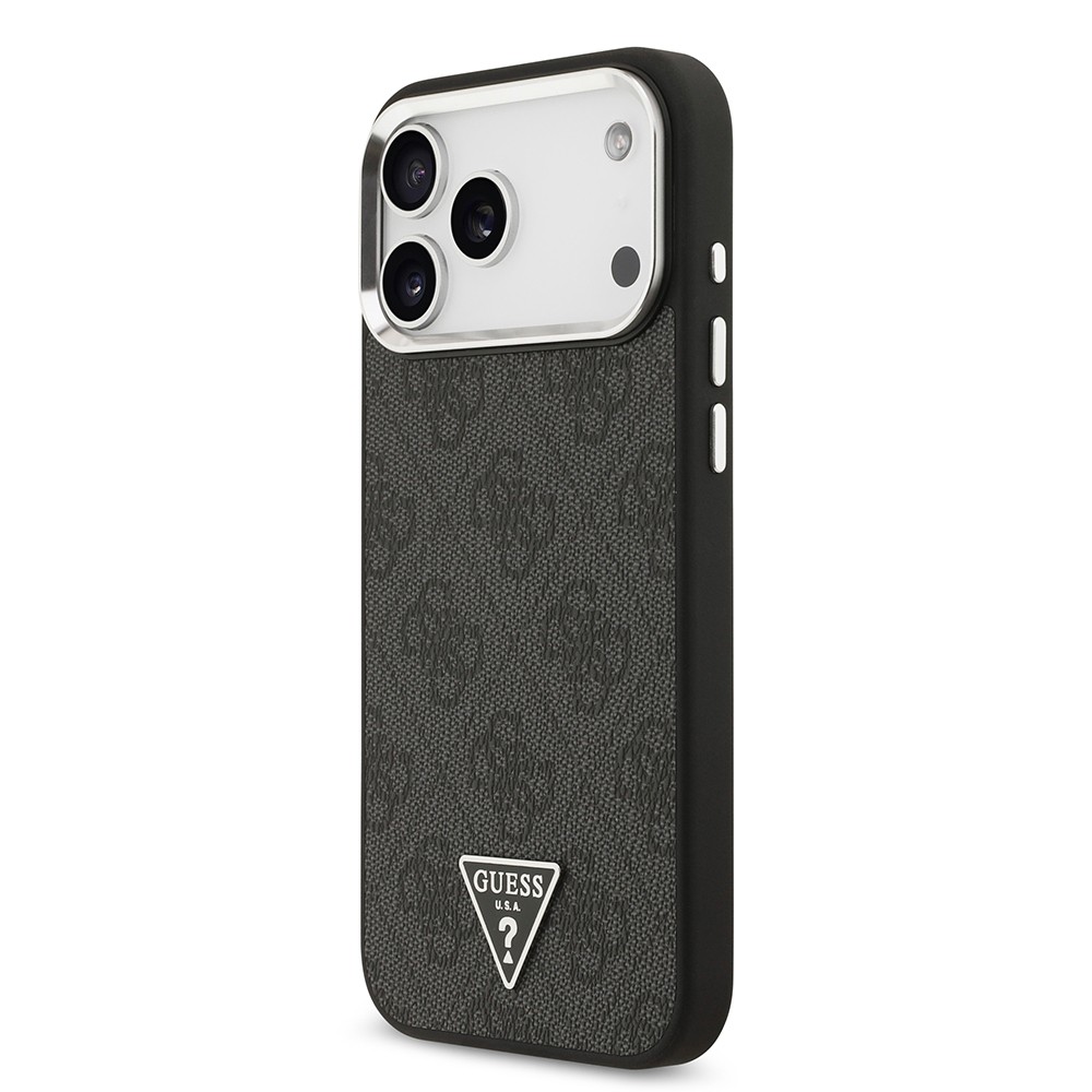 Apple iPhone 17 Pro Max Kılıf Guess Orjinal Lisanslı M-safe Şarj Özellikli Gold Metal Kamera Çerçeveli Taşlı Üçgen Logo 4G Desenli Kapak