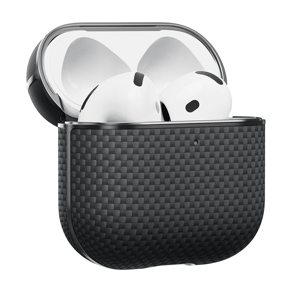 Apple Airpods 4 Kılıf 1500D Aramid Fiber Pitaka Ultra-Slim Classic Serisi Black-Grey Twill Kapak