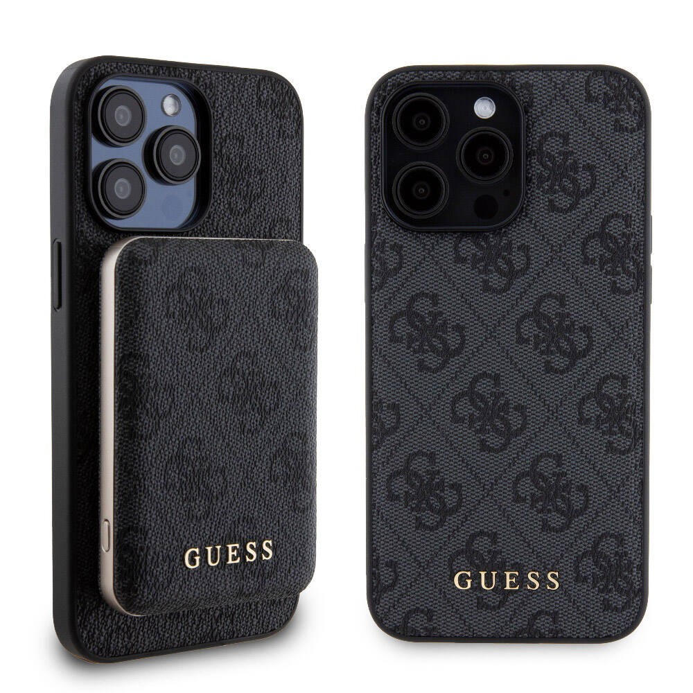 iPhone 15 Pro Max Kılıf Guess Orjinal Lisanslı Magsafe Şarj Özellikli Yazı Logolu 4G Desenli Kapak + Powerbank 5000mAh 2in1 Set