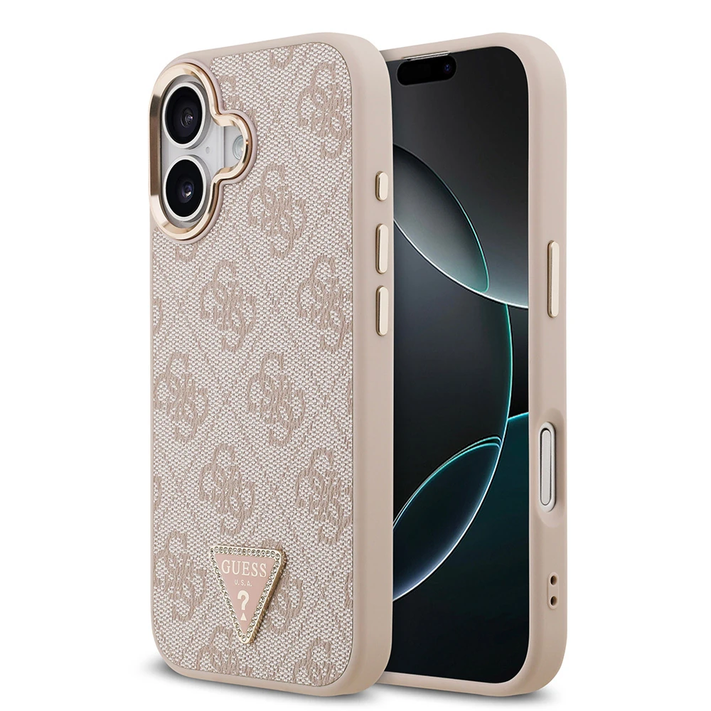 Apple iPhone 17 Kılıf Guess Orjinal Lisanslı M-safe Şarj Özellikli Gold Metal Kamera Çerçeveli Taşlı Üçgen Logo 4G Desenli Kapak