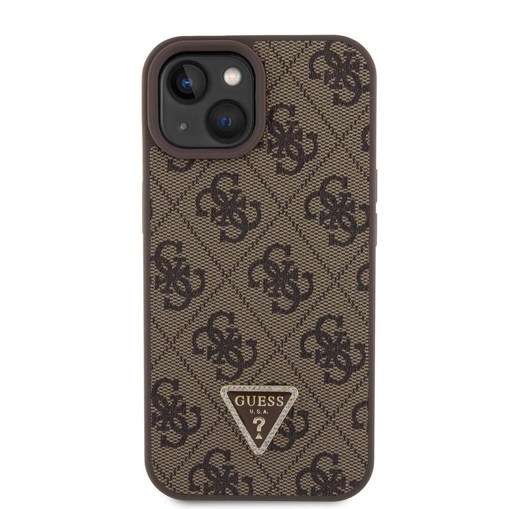iPhone 15 Kılıf Guess Orjinal Lisanslı PU Deri Taşlı Üçgen Logo 4G Desenli Strass Kılıf