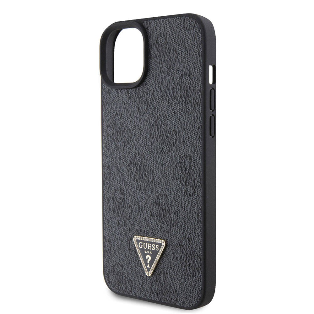 iPhone 15 Kılıf Guess Orjinal Lisanslı PU Deri Taşlı Üçgen Logo 4G Desenli Strass Kılıf