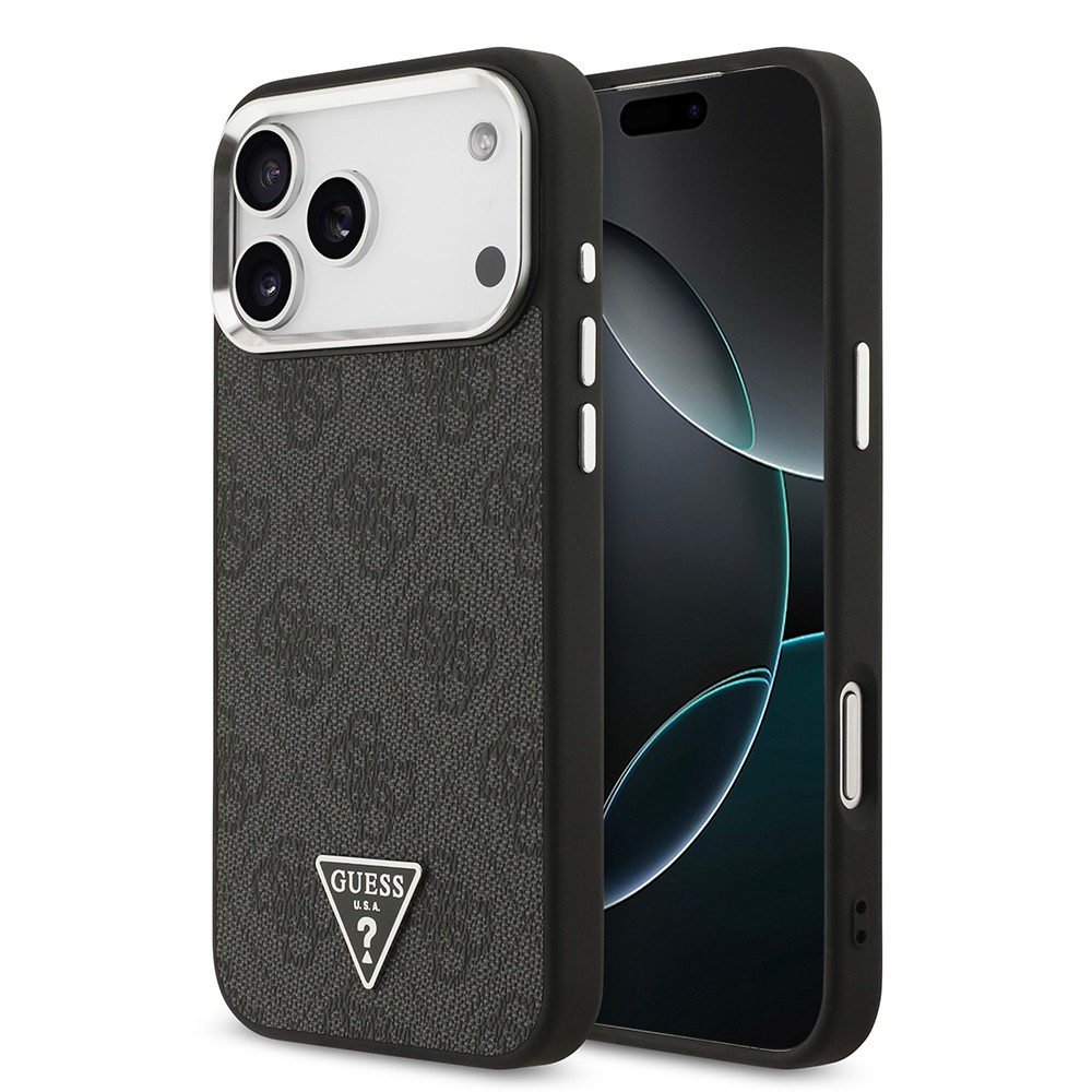 Apple iPhone 17 Pro Max Kılıf Guess Orjinal Lisanslı M-safe Şarj Özellikli Gold Metal Kamera Çerçeveli Taşlı Üçgen Logo 4G Desenli Kapak