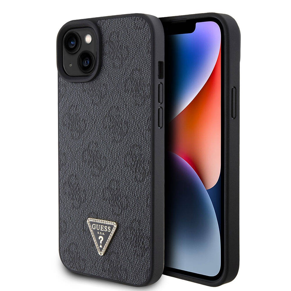iPhone 15 Kılıf Guess Orjinal Lisanslı PU Deri Taşlı Üçgen Logo 4G Desenli Strass Kılıf