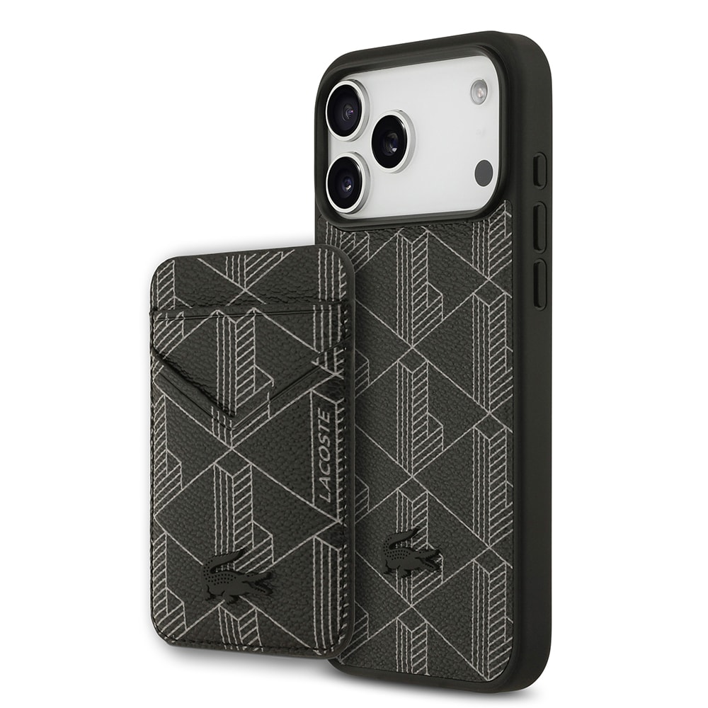 Apple iPhone 17 Pro Max Kılıf Lacoste Orjinal Lisanslı M-safe Şarj Özellikli PU Deri Tasarımlı Kartlıklı Karışık Monogram Desenli Kapak