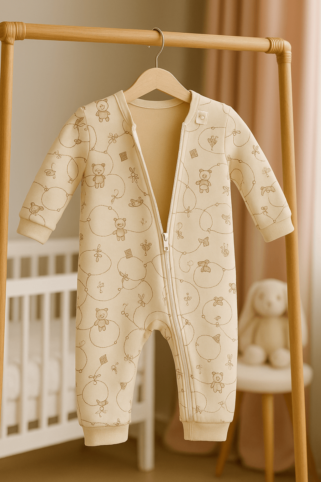 %100 Pamuk Fermuarlı Tulum - Krem Ayı