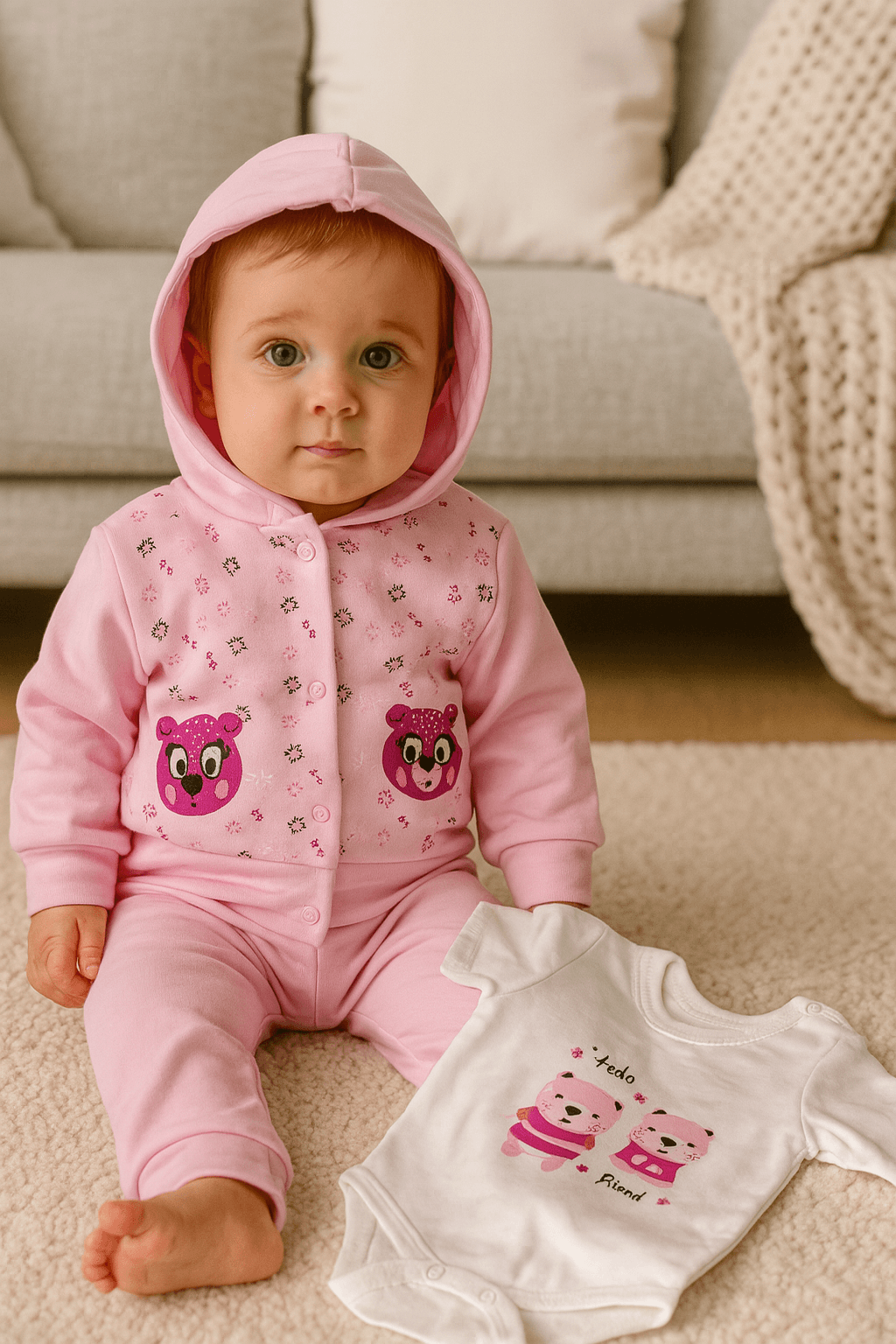 %100 Pamuk 3’lü Mevsimlik Unisex Hayvan Temalı Bebek Pijama Takımı – Kapüşonlu Üst, Uzun Kollu Body, Pijama Altı - Pembe
