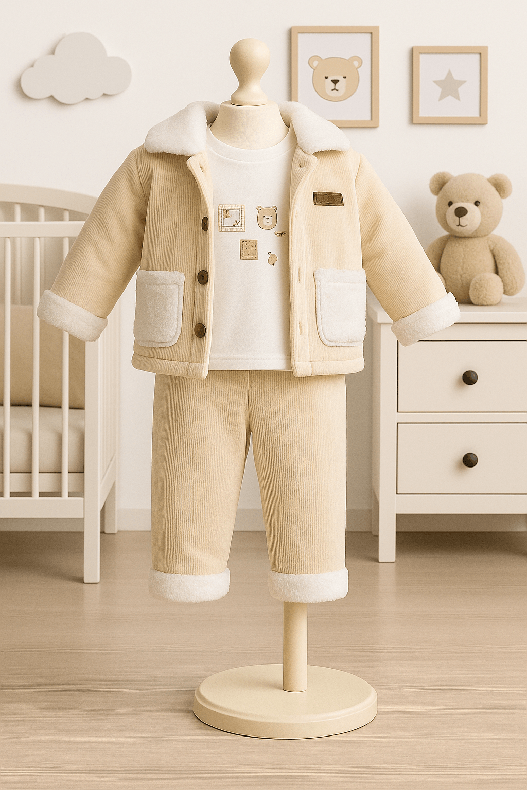 %100 Pamuk Bebek 3’lü Kışlık Takım - Krem