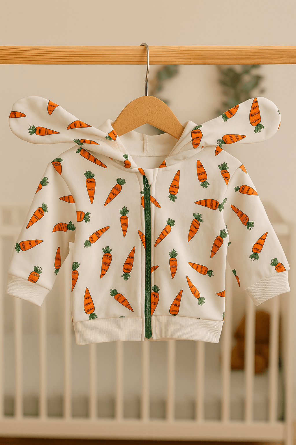 %100 Pamuk 3’lü Mevsimlik Unisex Günlük Bebek Takımı – Havuç Desenli Kapüşonlu Sweatshirt, Tavşan Baskılı Tişört, Cepli Pantolon