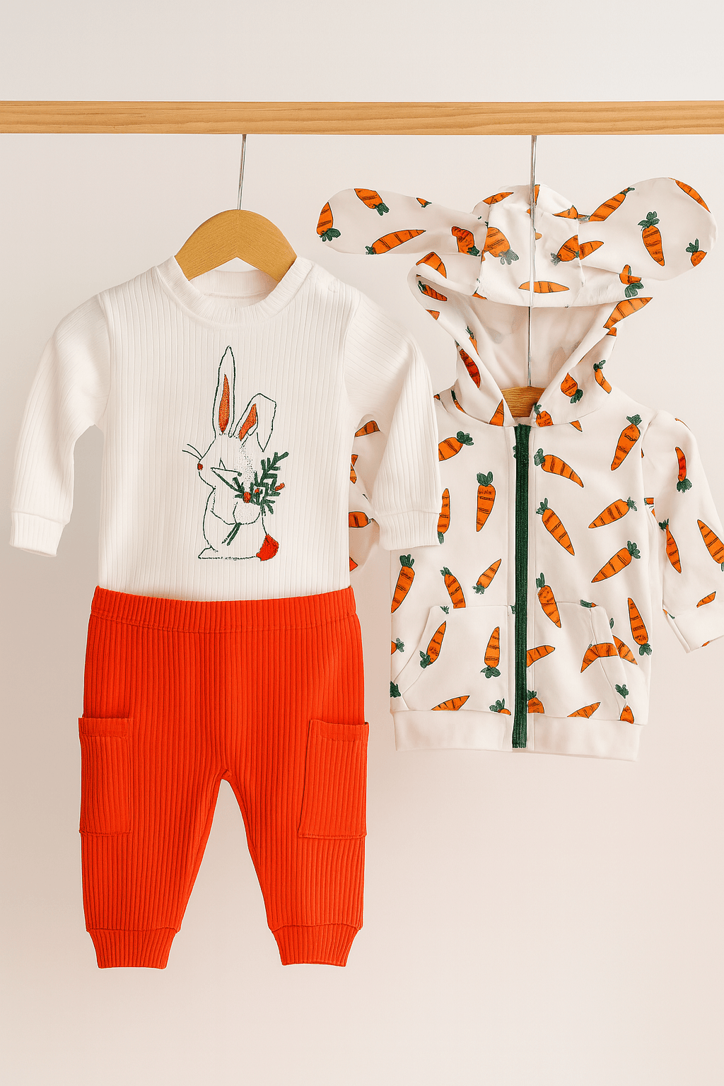 %100 Pamuk 3’lü Mevsimlik Unisex Günlük Bebek Takımı – Havuç Desenli Kapüşonlu Sweatshirt, Tavşan Baskılı Tişört, Cepli Pantolon