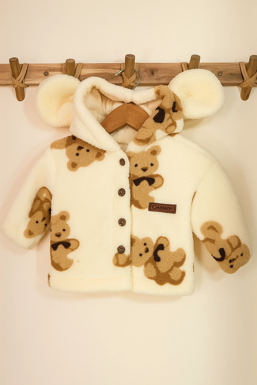 Ayıcıklı Peluş Kapüşonlu Bebek Mont - Açık Kahve