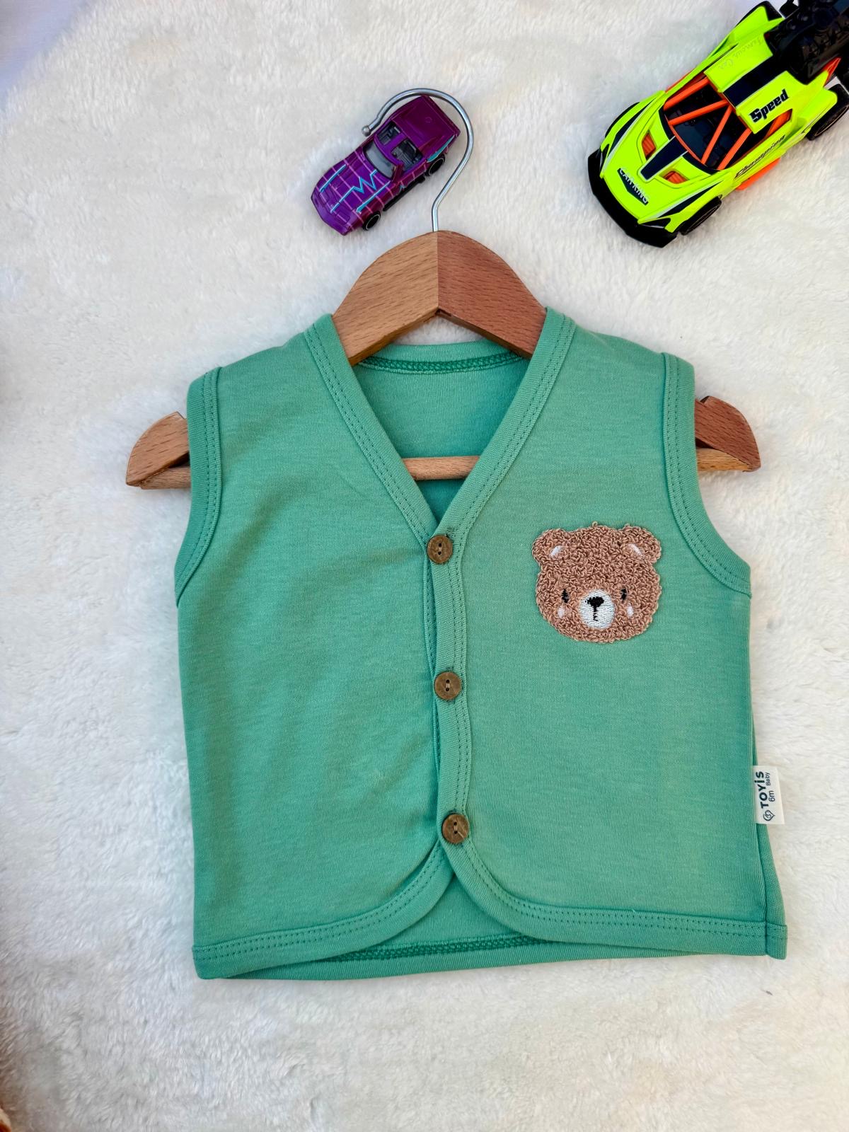 Bebek %100 Pamuk Nakışlı Yelek - Yeşil