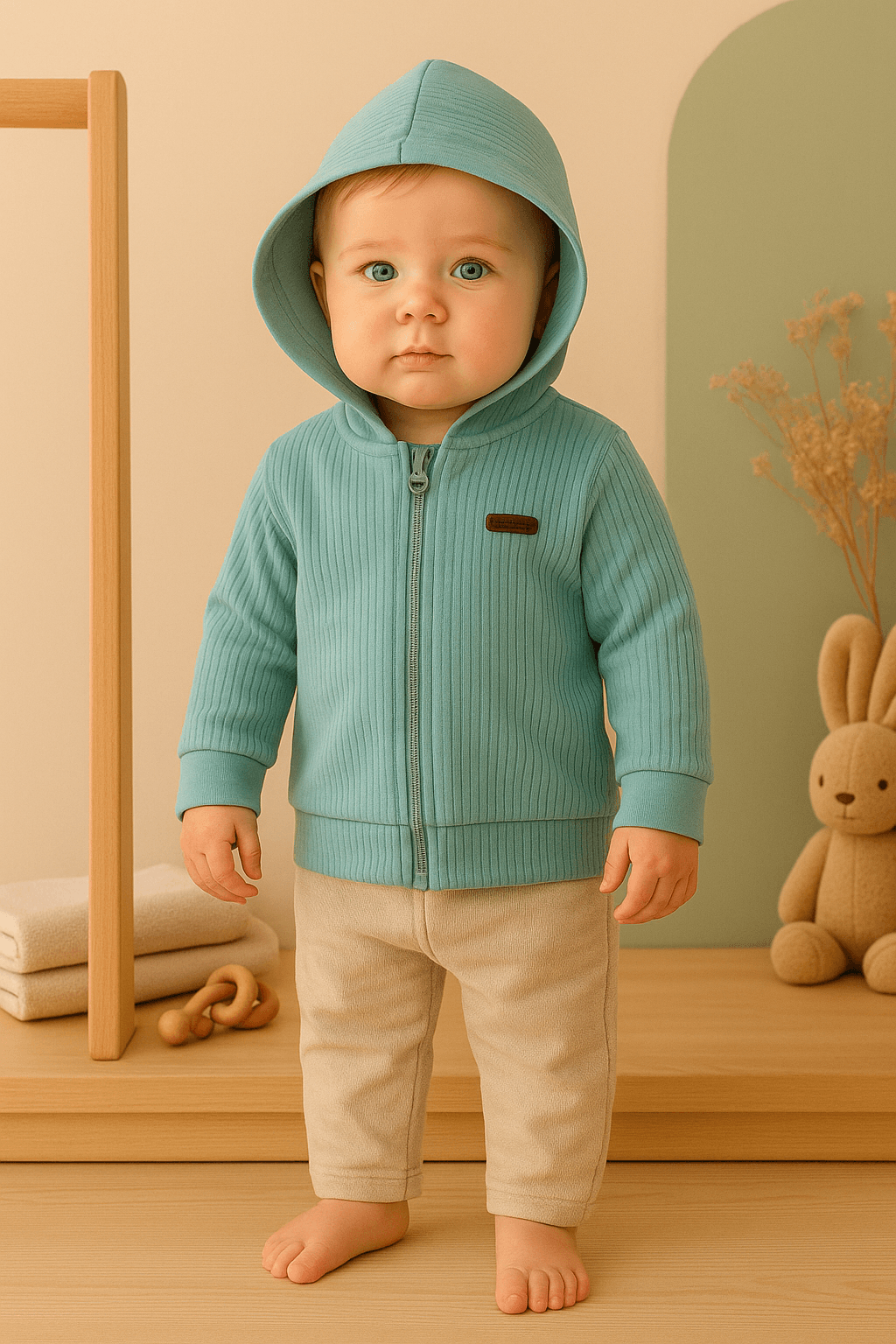 %100 Pamuk Ribana Kapüşonlu Fermuarlı Bebek Hırkası