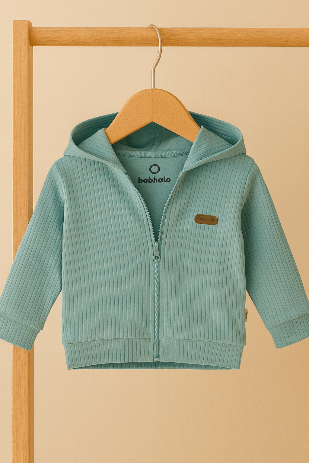 %100 Pamuk Ribana Kapüşonlu Fermuarlı Bebek Hırkası - Turkuaz