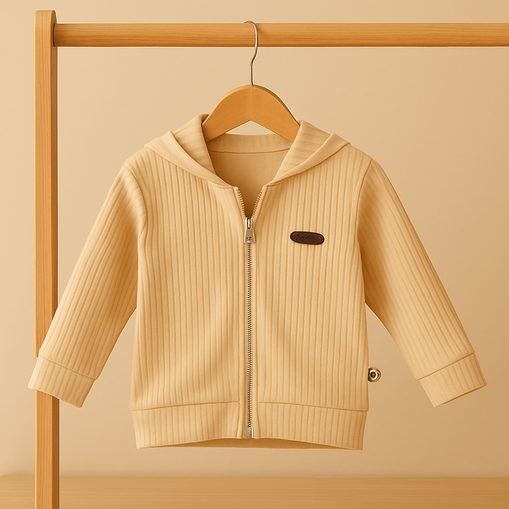 %100 Pamuk Ribana Kapüşonlu Fermuarlı Bebek Hırkası - Sarı