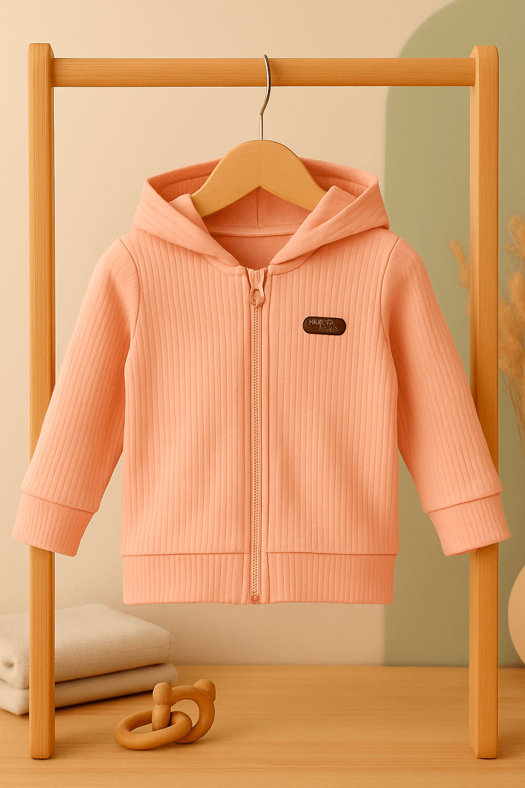 %100 Pamuk Ribana Kapüşonlu Fermuarlı Bebek Hırkası - Pembe