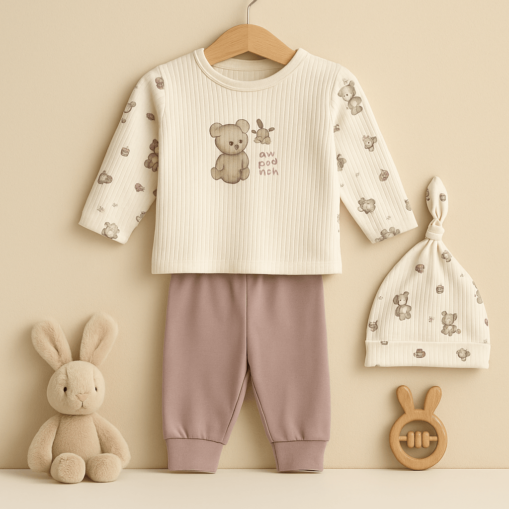 %100 Organik Pamuk 3’lü Bebek Takımı - Ayıcık