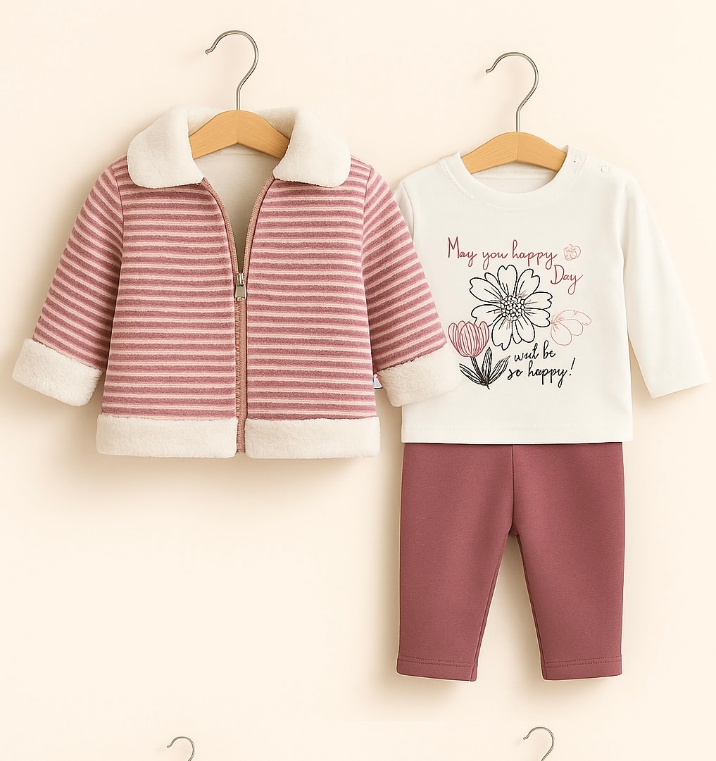 %100 Pamuk 3’lü Kışlık Kız Bebek Takımı