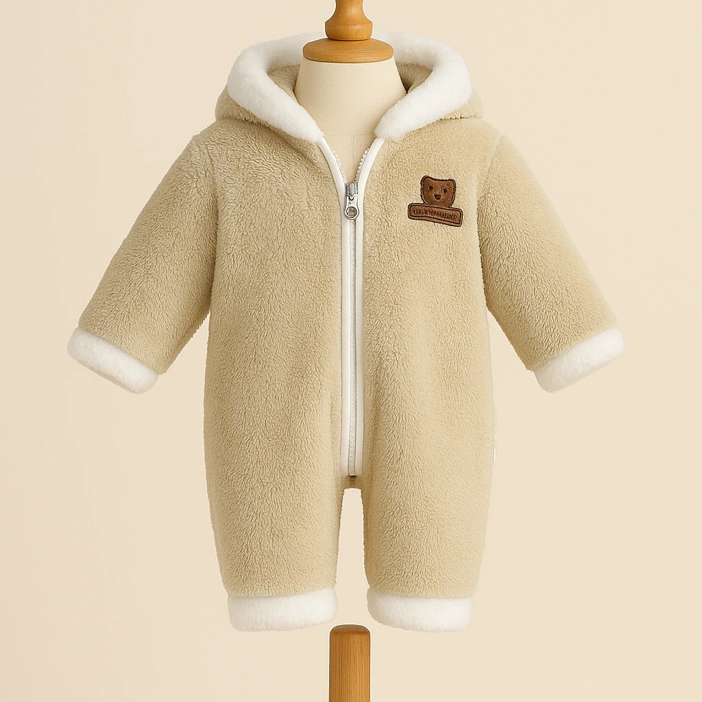 Peluş Kapüşonlu Polar Bebek Tulum - Ekru