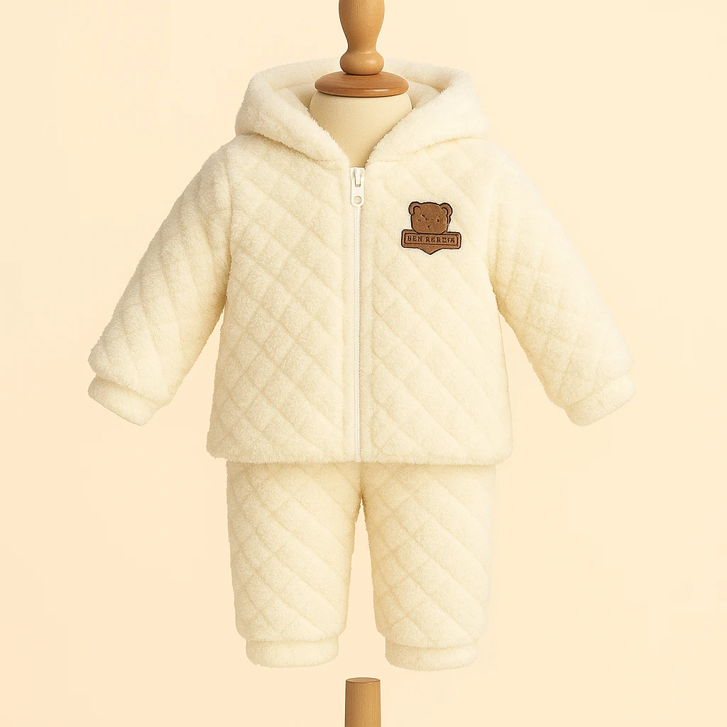 Peluş Kapüşonlu Polar Bebek Takımı - Beyaz